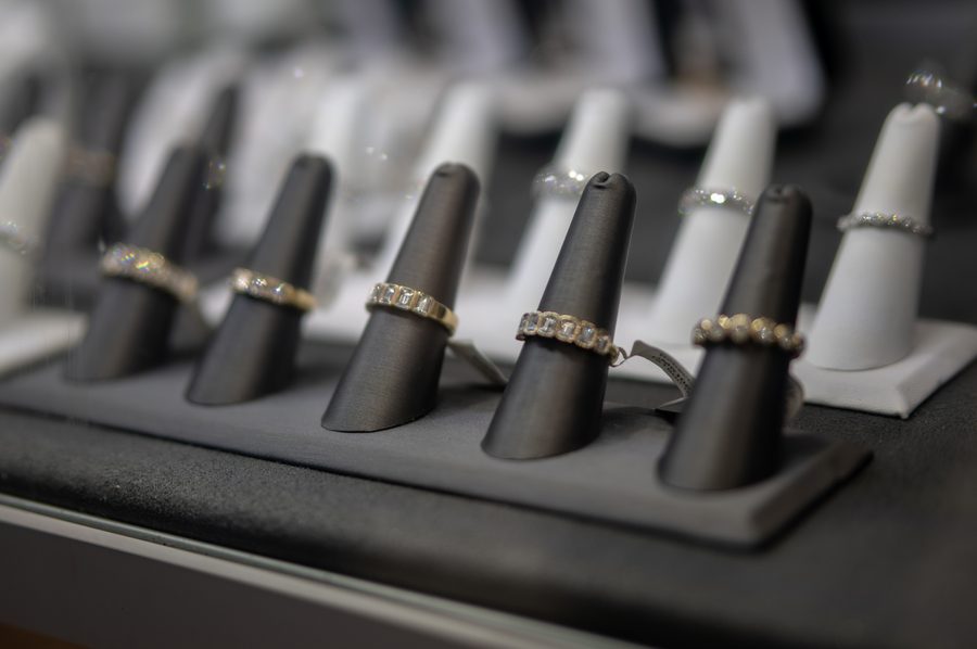 Wedding bands display at Rebecca's Fine Jewelry